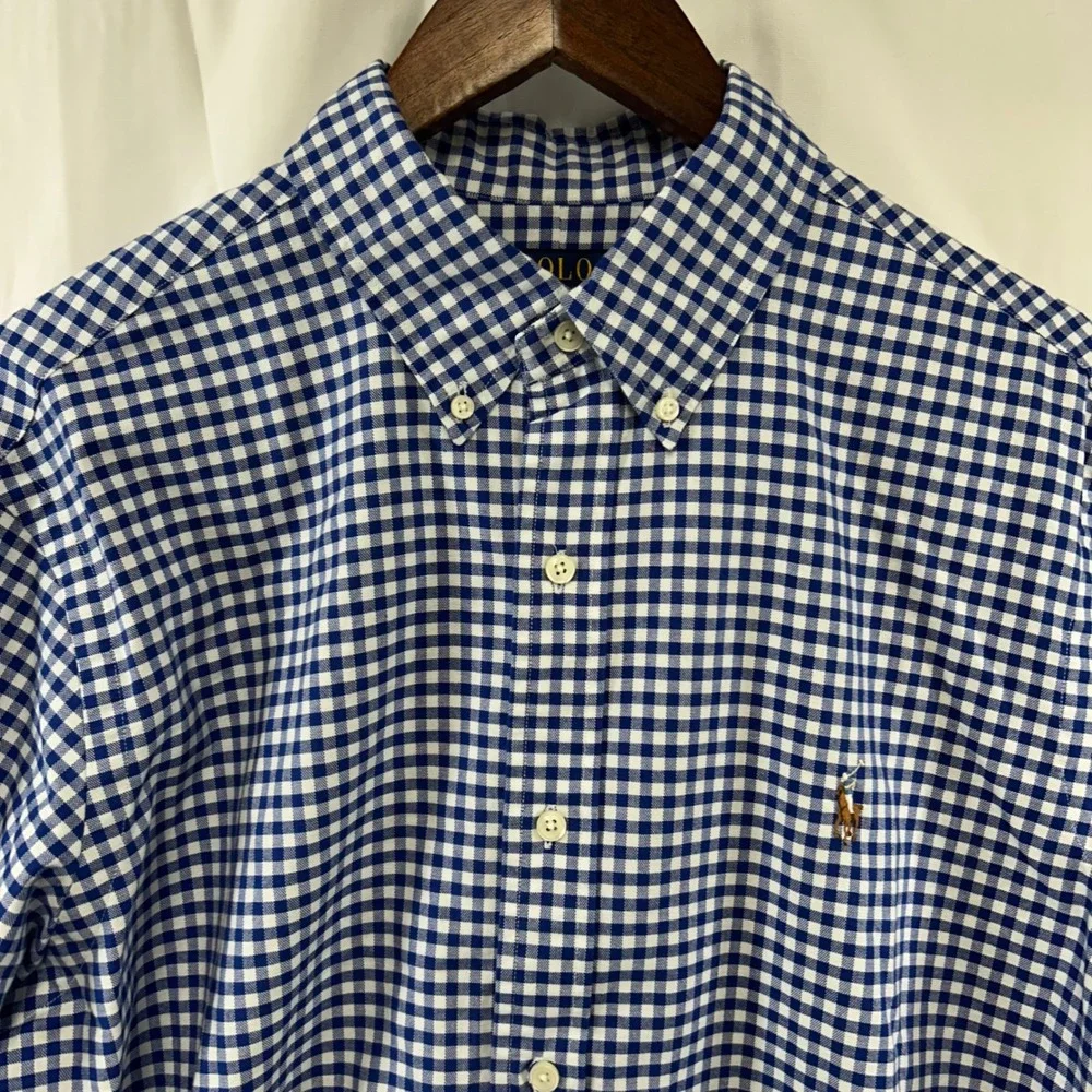 Polo Ralph Lauren Button Down Mens Large Blue Gingham Classic Fit Cotton Shirt